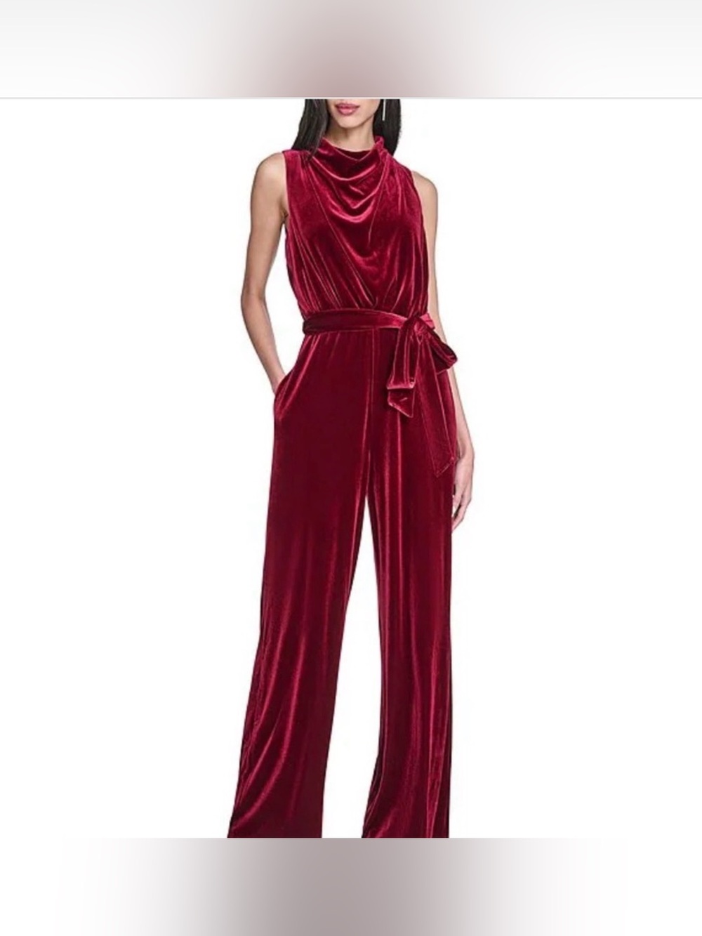 NWT Vince Camuto XS Velvet Cowl Neck Wide Leg Jumpsuit Red Sleeveless Tie Belt